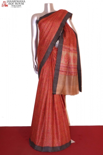 Handloom Printed Tussar Silk Saree